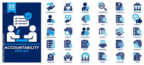 Accountability icon collection. Contains icons for responsibility, transparency, compliance, ethics, integrity, liability, oversight, ownership. Flat vector illustration.
