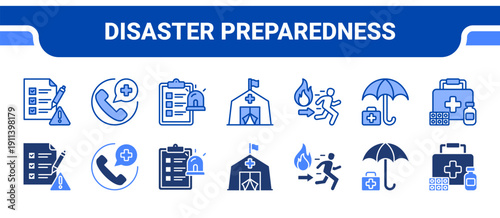 Disaster Preparedness Icon Collection,  featuring Preparedness, Emergency kit, Emergency plan, Emergency shelter, Fire escape, Relief, Support.