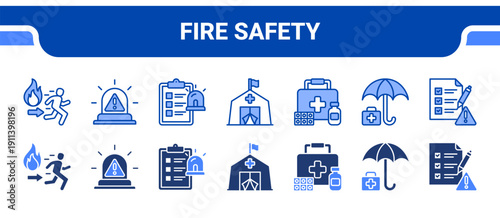 Fire Safety Icon Collection,  featuring Fire escape, Emergency alert, Emergency plan, Emergency shelter, Support, Relief, Preparedness.