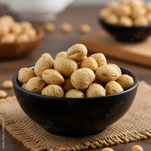 An Image of Soya Chunks in Black Colored Bowl, Bowl On A Piece Of Burlap and having blurred kitchen background