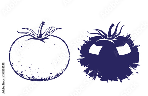 Grunge texture Blue illustrations of tomatoes with stem and leaves in grunge style on white background  fresh and artistic vegetable designs Vintage Style