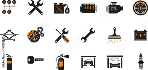 Collection of automotive service and repair icons displays essential garage equipment like wrenches, batteries, and maintenance.