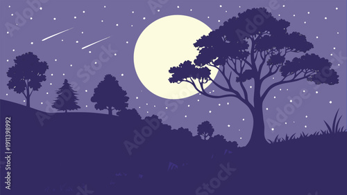 Dramatic Moonlit Hilltop With Bright Starry Night Sky Vector