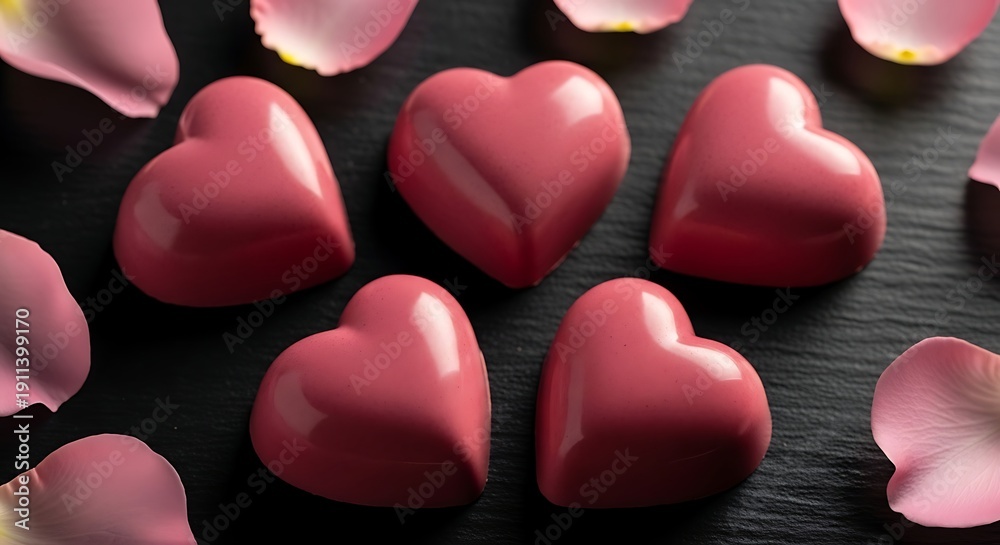 Obraz premium Gourmet chocolate hearts with delicate rose petals arranged on a dark slate surface, a sweet and romantic treat for special occasions