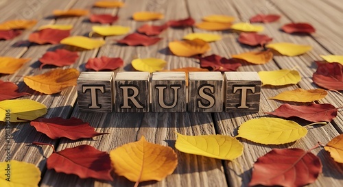 Wooden trust blocks with autumn leaves on wooden surface