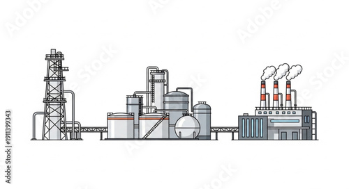 Industrial factory complex with smokestacks emitting steam.