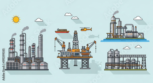 Industrial factory and oil rig illustration set.