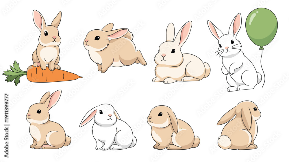 Obraz premium Adorable set of cartoon rabbits in various cute poses including sitting, hopping, eating a carrot, and standing with a green balloon.