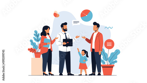 Three business professionals having a conversation in an office with a young girl standing nearby, representing family and work balance.