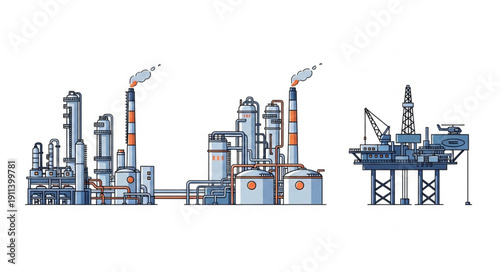 Industrial oil refinery and offshore drilling platform complex.