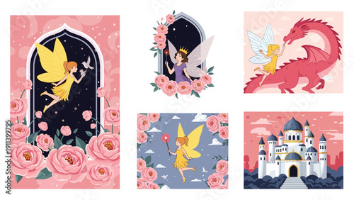 Set of magical fairy tale illustrations featuring beautiful fairies with wings, a majestic pink dragon, and an elegant white castle.
