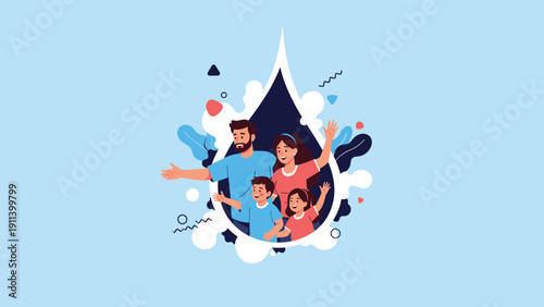 Cheerful family of four waving from inside a large blue water drop symbol, representing water conservation and family values.