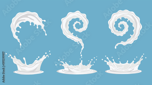 Collection of dynamic white liquid splashes, swirls, and crowns representing milk or yogurt pouring against a clear blue background.