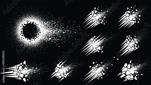 Collection of white debris, dust, and explosion effects showing scattered fragments and motion lines against a solid black background.
