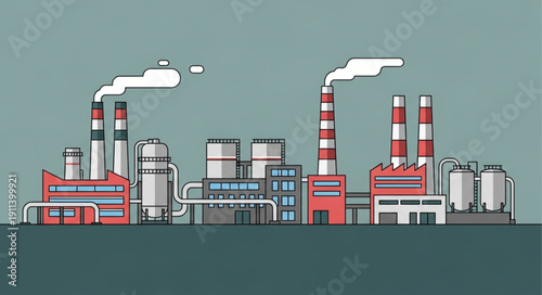 Industrial Factory with Smokestacks Emitting Smoke.