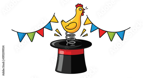 A whimsical chicken toy pops out of a magic hat.