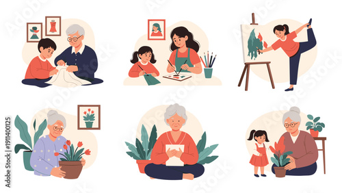 Collection of heartwarming illustrations showing children and grandmothers sharing hobbies like gardening painting sewing and reading together.