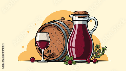Rustic still life illustration featuring a wooden wine barrel a glass and a pitcher filled with red wine and fresh berries.