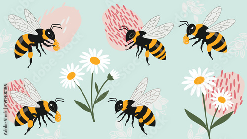 Charming seamless pattern featuring bumblebees flying among white daisy flowers with pink abstract spots on light blue background.