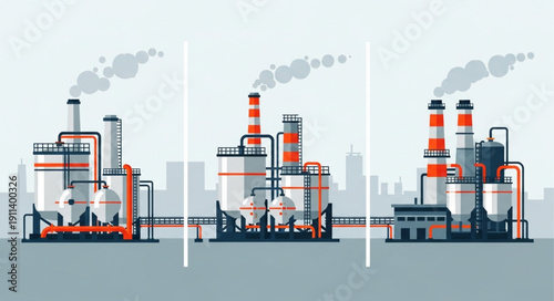 Industrial factory complex with smokestacks emitting smoke.
