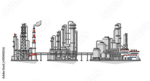 Industrial factory complex with smokestacks and pipelines illustration.