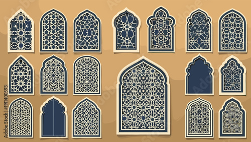 Collection of ornate Islamic architectural window and arch designs featuring intricate geometric patterns and traditional blue tones.