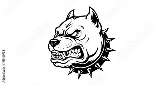 Aggressive Pitbull Dog Head with Spiked Collar, Black and White Vector Art