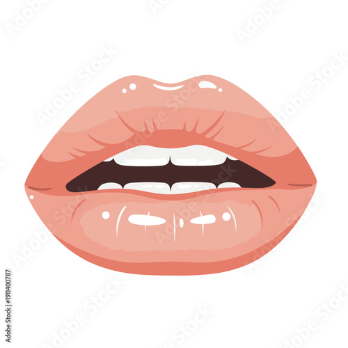 Glossy Pink Lips Open Mouth Showing Teeth, Sensual Woman Lips