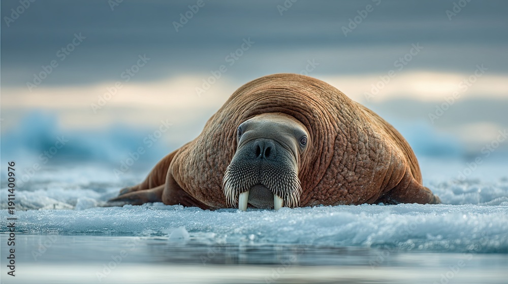 Fototapeta premium A walrus resting on icy terrain with tusks visible, set against a blurred cold seascape background.