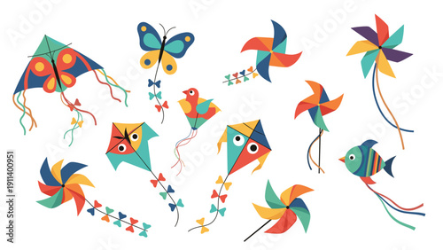 Collection of various colorful kites and wind pinwheels with different shapes and patterns like butterflies, birds, and fish for outdoor fun.
