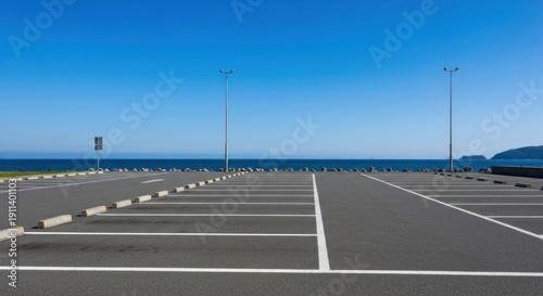 Empty seaside parking lot under a bright blue sky, facing a calm ocean view