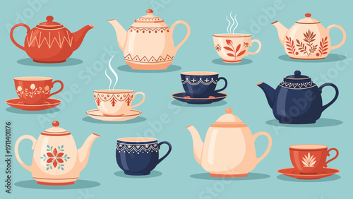 Elegant collection of vintage style teapots and teacups with intricate patterns and floral designs for a cozy tea party or kitchen decor theme.