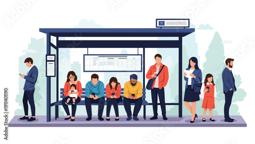 Diverse crowd of people including commuters, a mother with a child, and office workers waiting at a modern city bus stop while using phones.