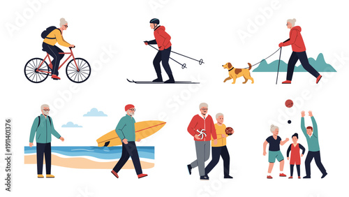 Collection of senior men and women staying active through various sports and activities like cycling, skiing, surfing, and walking their dog.