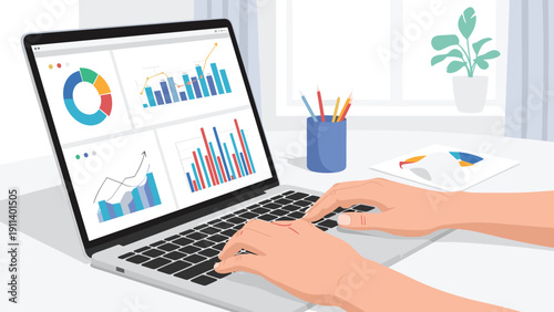 Close up view of hands typing on a laptop keyboard with colorful business data charts, graphs, and analytics displayed on the screen in an office.