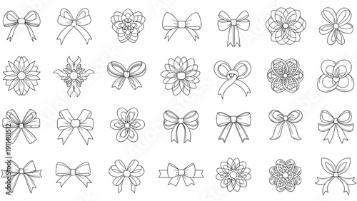 Extensive collection of black and white line art decorative bows and floral ornaments for greeting cards or gift wrapping design inspiration.