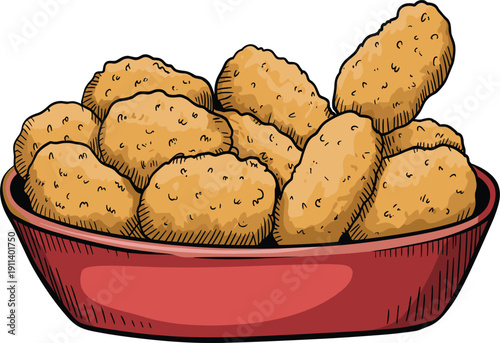 Crispy fried chicken nuggets in red bowl, delicious fast food snack for party and kids menu vector illustration