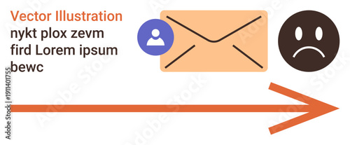 Digital communication, email icons, online messaging, customer feedback, workflow errors, user experience. Envelope, user icon sad face arrow indicating direction. Email communication and feedback