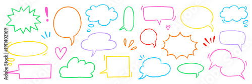 Speech crayon frame pastel set. Speech crayon frame hand drawn pencil line box bubble cloud background. Cartoon crayon chat doodle dialog painting texture sketch child design. Vector illustration.