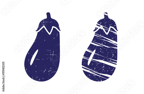 Grunge texture Two blue eggplant silhouettes with white scratches and lines on white background  vegetable illustration Vintage Style