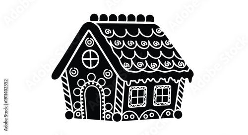 Black and white illustration of a decorated gingerbread house.