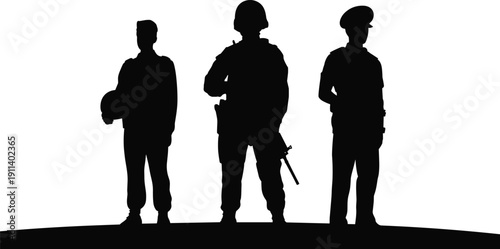 Black silhouettes of a soldier in combat gear a pilot holding a helmet and a police officer standing on a horizon for security concept