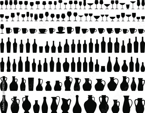 Large collection of black silhouettes featuring various drink glasses wine bottles coffee cups and ceramic pottery jugs isolated on white background for design elements