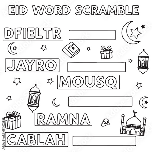 Eid Word Scramble educational worksheet for kids featuring scrambled Islamic vocabulary words and line art icons like mosque, moon, and lanterns for Ramadan and Eid al-Fitr activities.