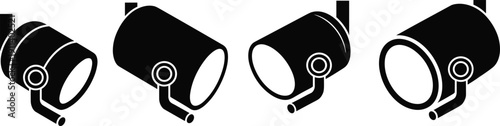 Set of black spotlight icons in different angles for stage lighting, theater performance, studio photography, and interior design isolated on white background.