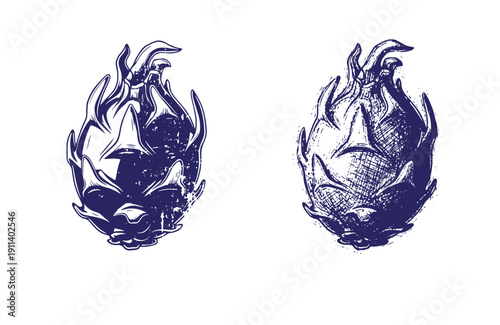 Grunge texture Two blue illustrations of flaming skulls with sharp horns and flames on their heads  skulls with a grunge texture Vintage Style