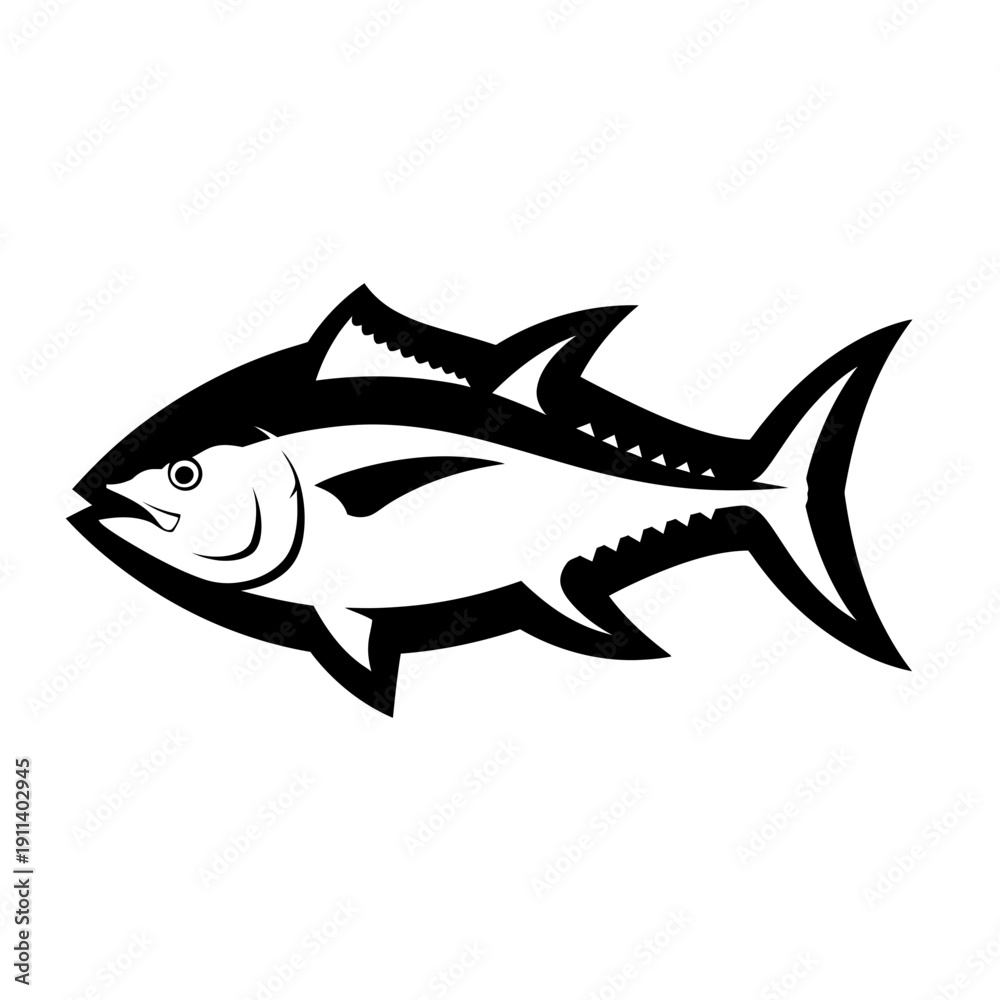 Obraz premium Stylized Tuna Fish Silhouette, Black and White Marine Animal Icon