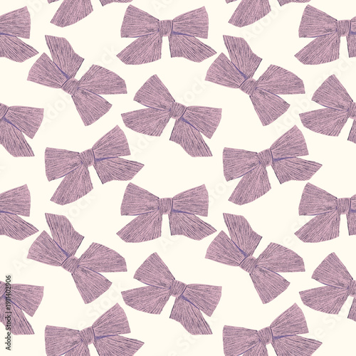 ヴィンテージ風手描きピンクのリボンを敷き詰めたシームレスパターン背景（リボン大き目）