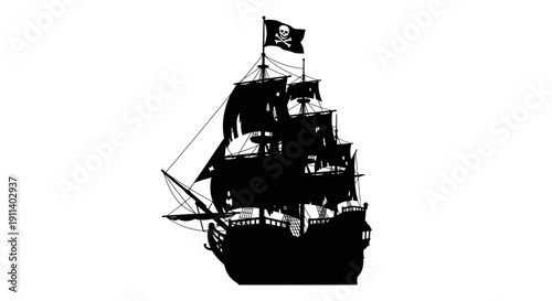 Silhouette of a pirate ship with Jolly Roger flag on white background