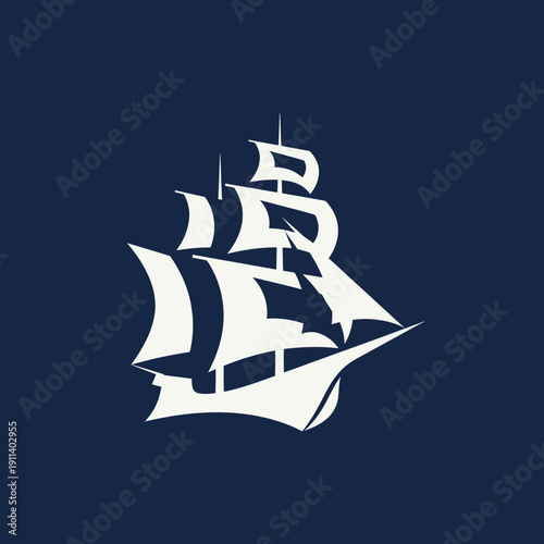 White Silhouette Sailing Ship on Dark Blue Background